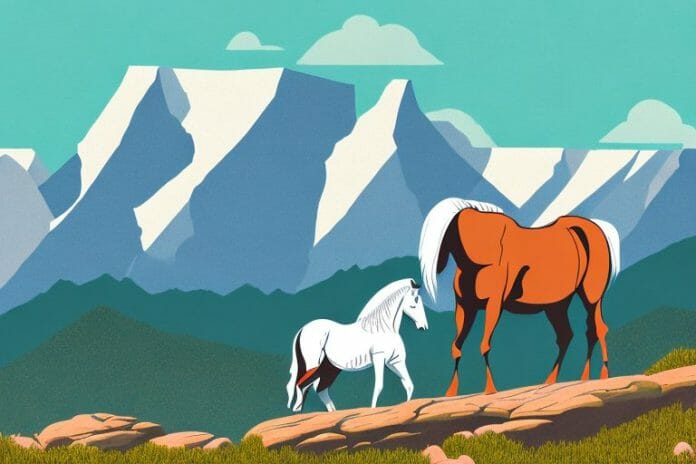 A horse in the rocky mountains with a view of mogwase