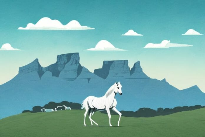 A horse standing in a mountainous landscape