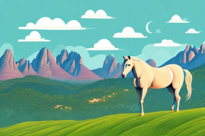 A horse standing in a mountainous landscape with a view of stellenbosch in the background