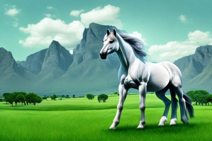 A majestic horse standing in a lush green meadow surrounded by the rocky mountains of paarl