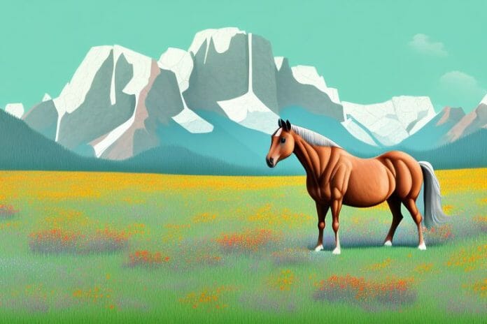 A horse standing in a field of wildflowers in the rocky mountains