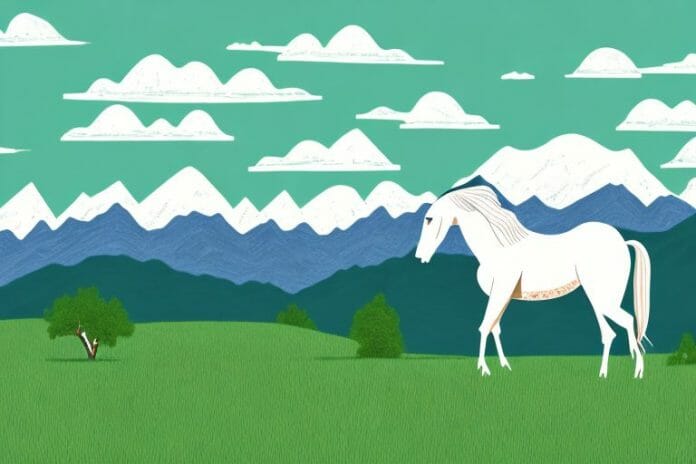 A horse in a grassy landscape with the rocky mountains in the background