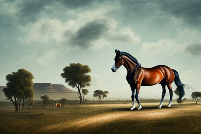 A dutch warmblood horse in a rural landscape in free state