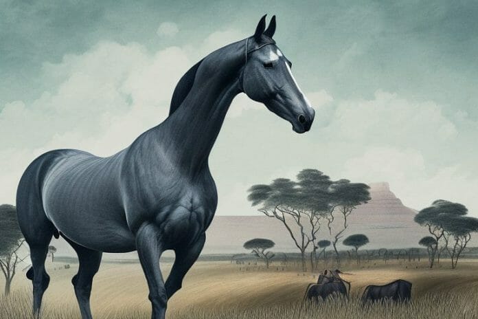 A dutch warmblood horse in a rural south african landscape