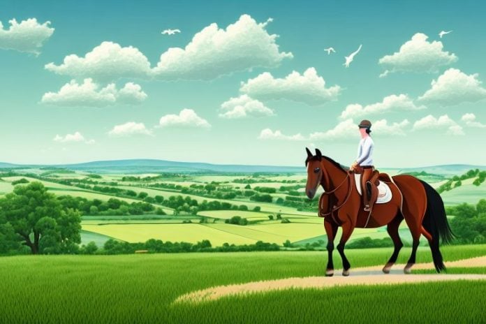 A horse and rider in a rural setting