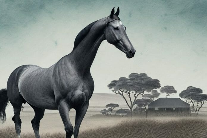 A dutch warmblood horse in a rural south african landscape