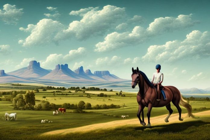 A horse and rider in a rural landscape