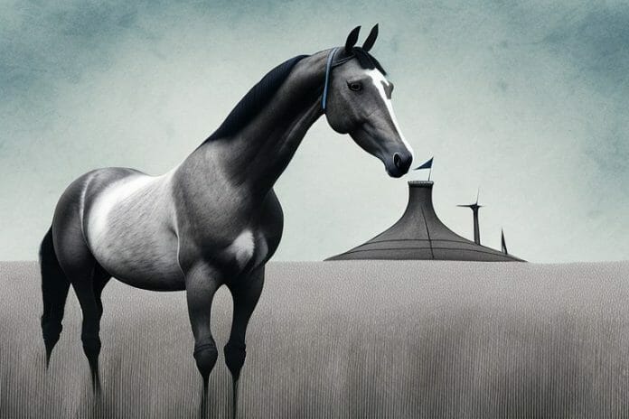 A dutch warmblood horse in a field in orkney