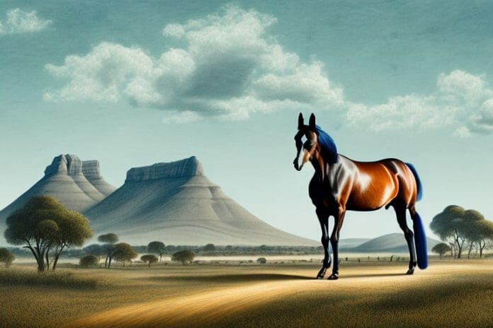 A dutch warmblood horse in a rural south african landscape