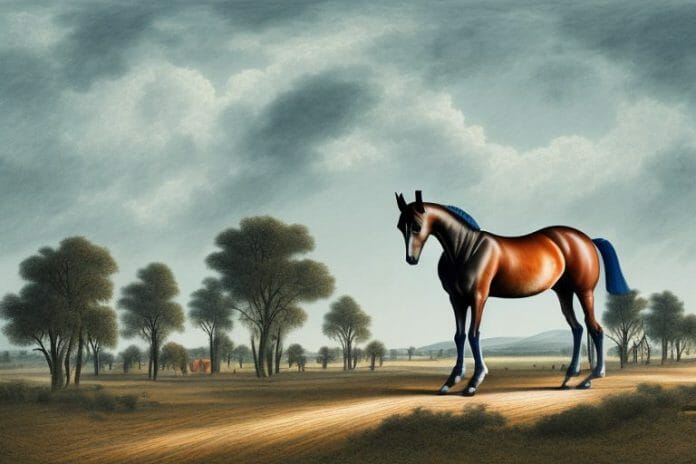 A dutch warmblood horse in a rural landscape in oudtshoorn