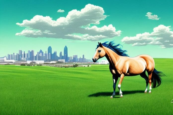 A mustang horse in a grassy landscape