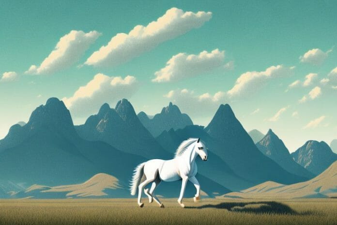 A mustang horse in a rural landscape with mountains in the background