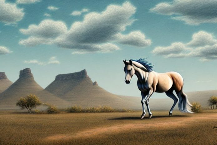 A mustang horse in a rural landscape in parys