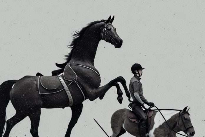 A horse and rider in a rustic landscape