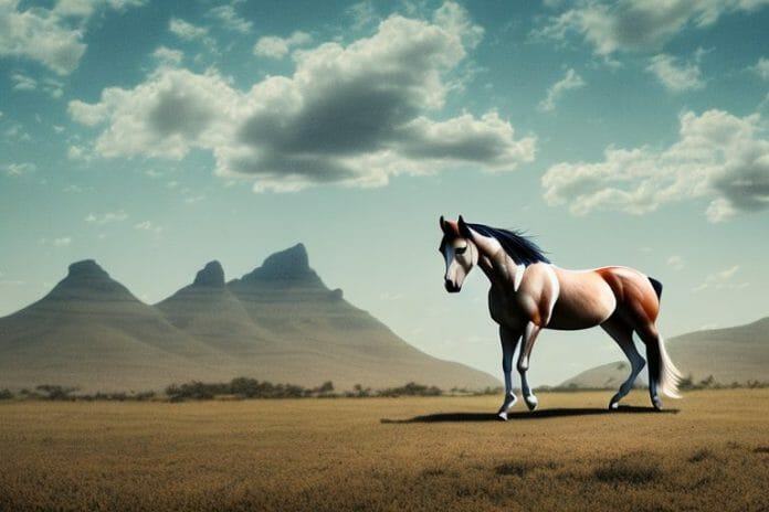 A mustang horse in a rural landscape in delmas