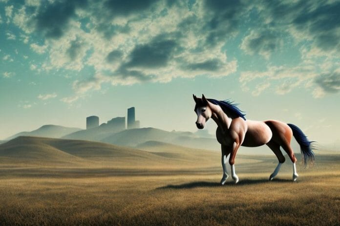 A mustang horse in a rural landscape with a backdrop of the postmasburg skyline