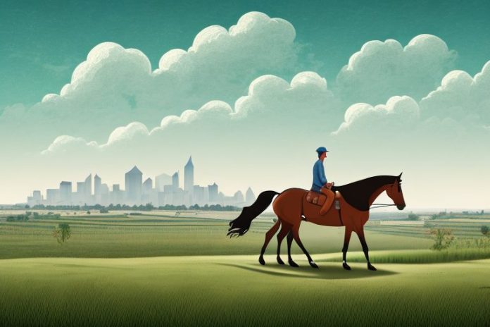 A horse and rider in a rural landscape