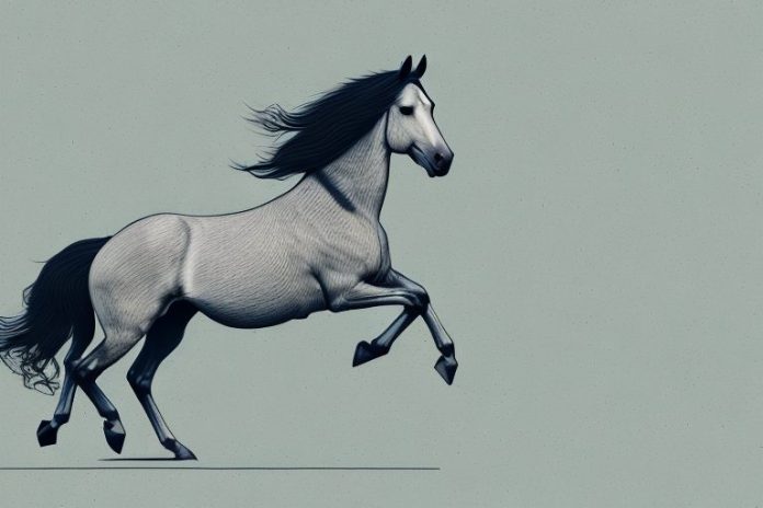 A horse and rider galloping through a rural landscape