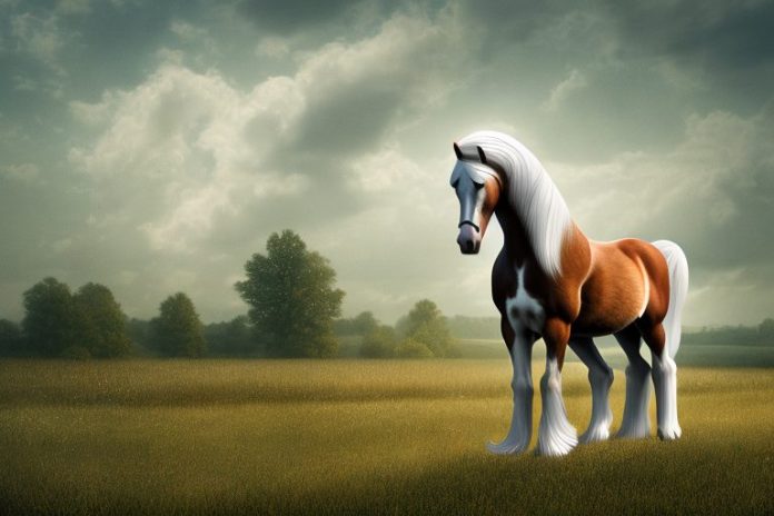 An american belgian draft horse in a rural landscape