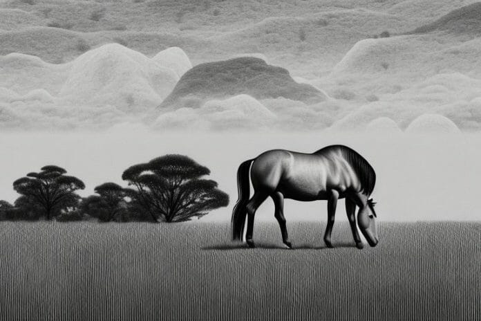 A brumby horse grazing in a rural south african landscape