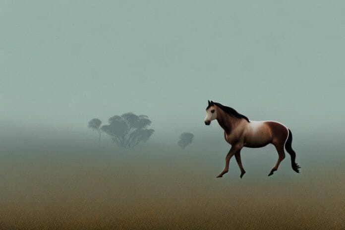 A brumby horse in a hazy landscape in south africa