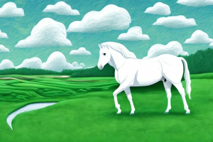 A white horse in a grassy landscape with the white river in the background