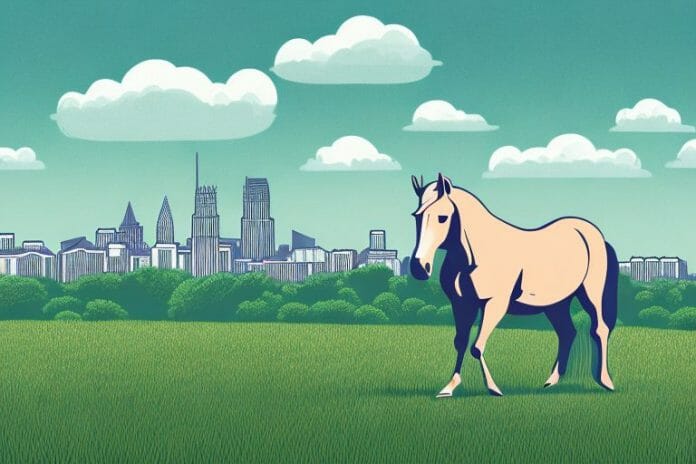 A horse in a field with a backdrop of the pietermaritzburg skyline