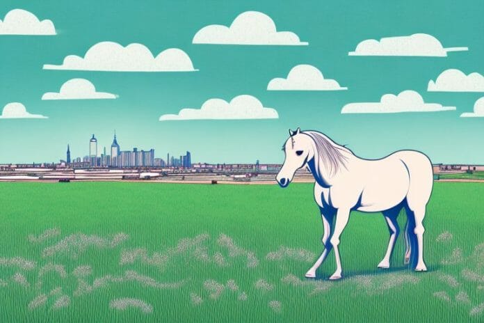 A horse in a field with a view of the margate skyline in the background