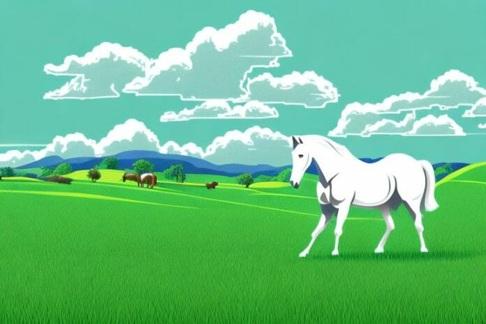 A horse in a grassy field with rolling hills in the background
