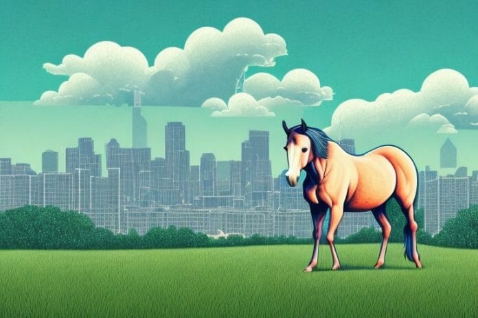 A horse in a field with the pinetown skyline in the background