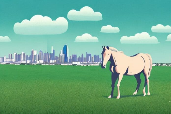A horse in a field with a view of the umhlanga skyline in the background