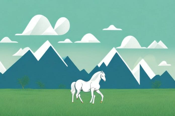 A horse in a field with a mountain range in the background