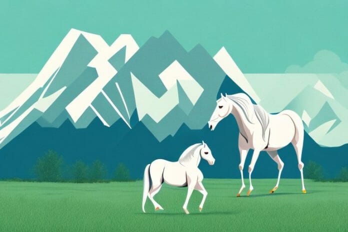 A horse in an open field with a mountain range in the background