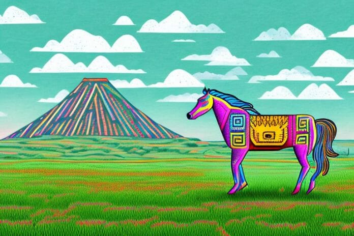 A horse in a field with the aztec landscape in the background