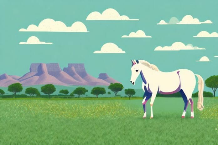 A horse in a field with a backdrop of the south african countryside