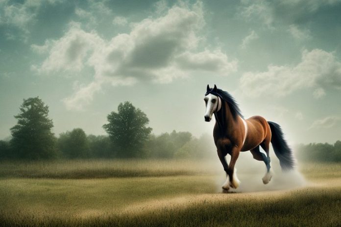 An american belgian draft horse being ridden in a rural landscape in ermelo
