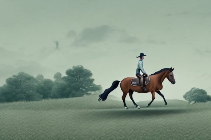 A horse and rider in a rural landscape