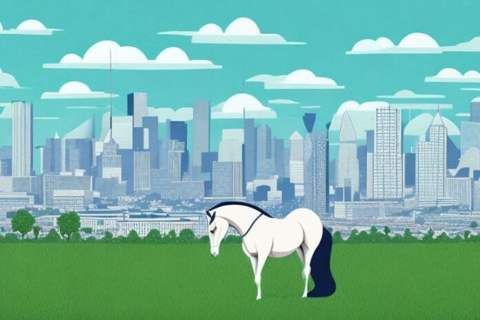 A horse in a field with johannesburg's skyline in the background