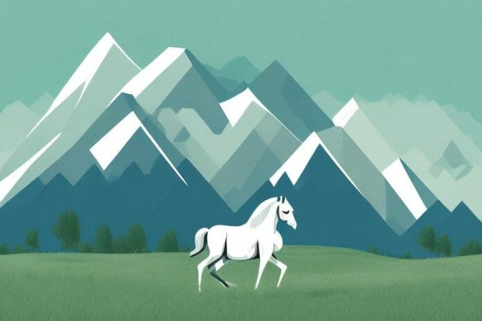 A horse in a field with a mountain range in the background