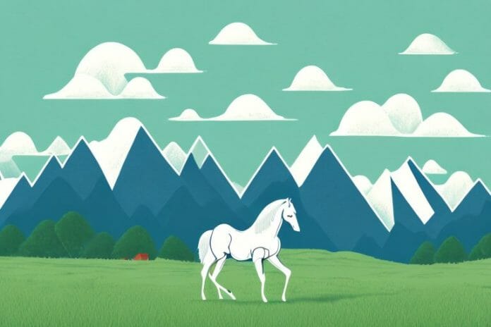 A horse in a field with a mountainous landscape in the background