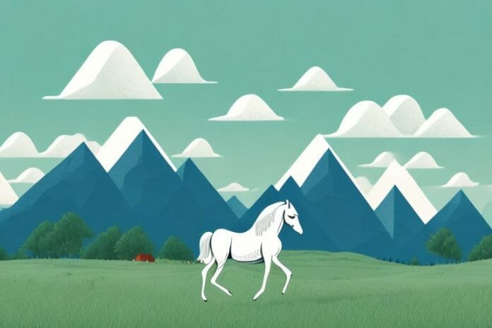 A horse in a field with mountains in the background