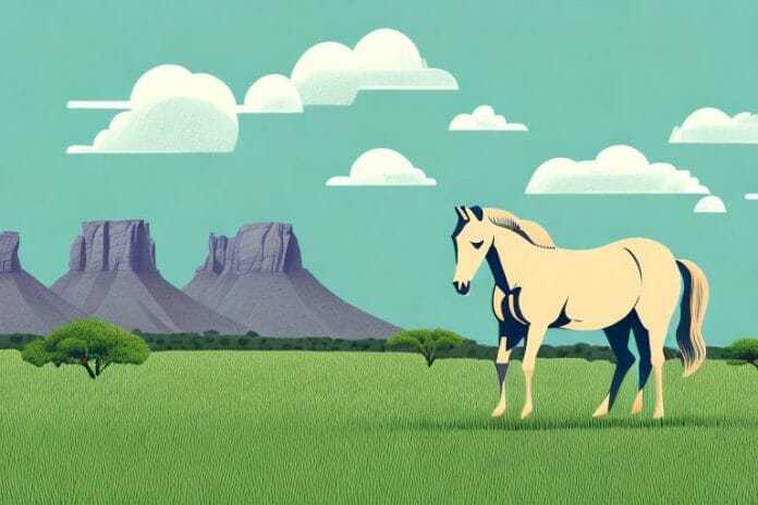 A horse in a field with a backdrop of the south african landscape