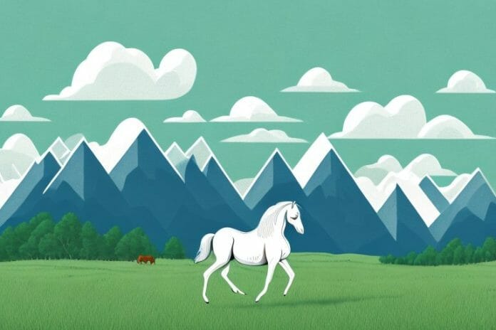 A horse in a field with a mountainous landscape in the background