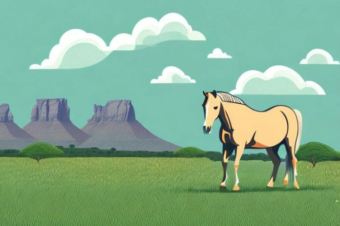 A horse in a field with a backdrop of the south african landscape