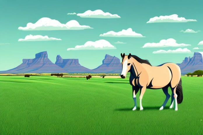 A horse in a grassy field with the south african landscape in the background