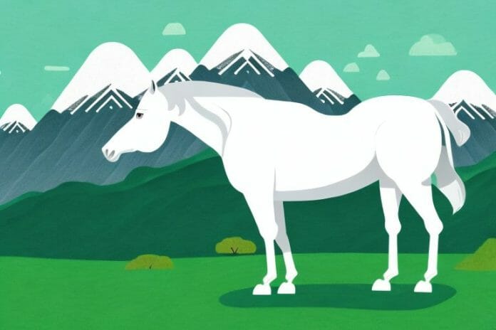 A white horse in a green field with mountains in the background