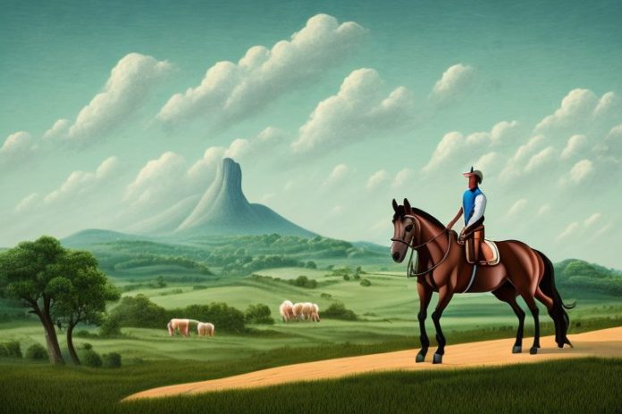 A horse and rider in a rural landscape