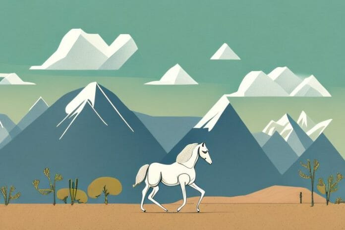 A horse in a field with mountains and a desert landscape in the background