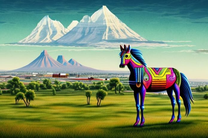 An azteca horse in a rural landscape