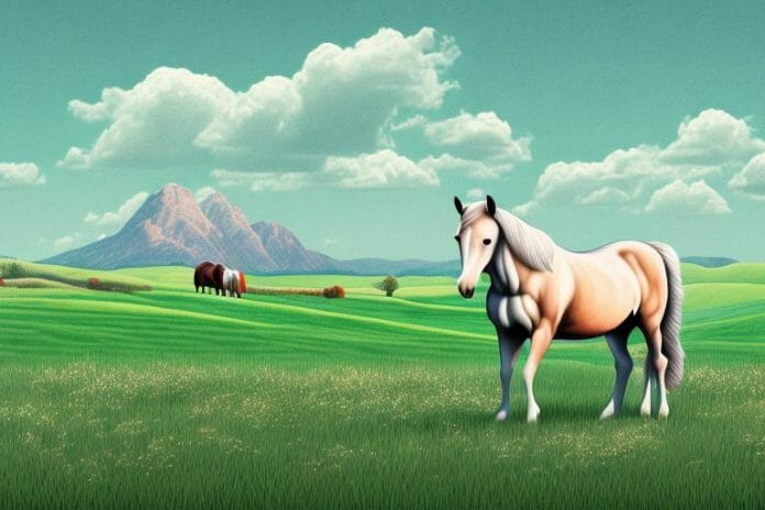 A horse in a field with a rural landscape in the background